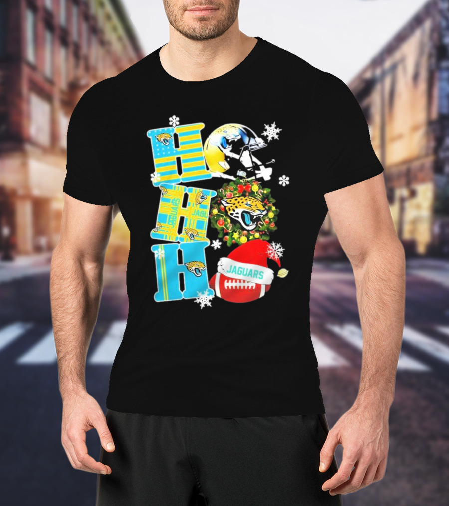 Jacksonville Jaguars Ho Ho Ho Merry Christmas Football Santa Hat Snowflakes Wreath T-Shirt