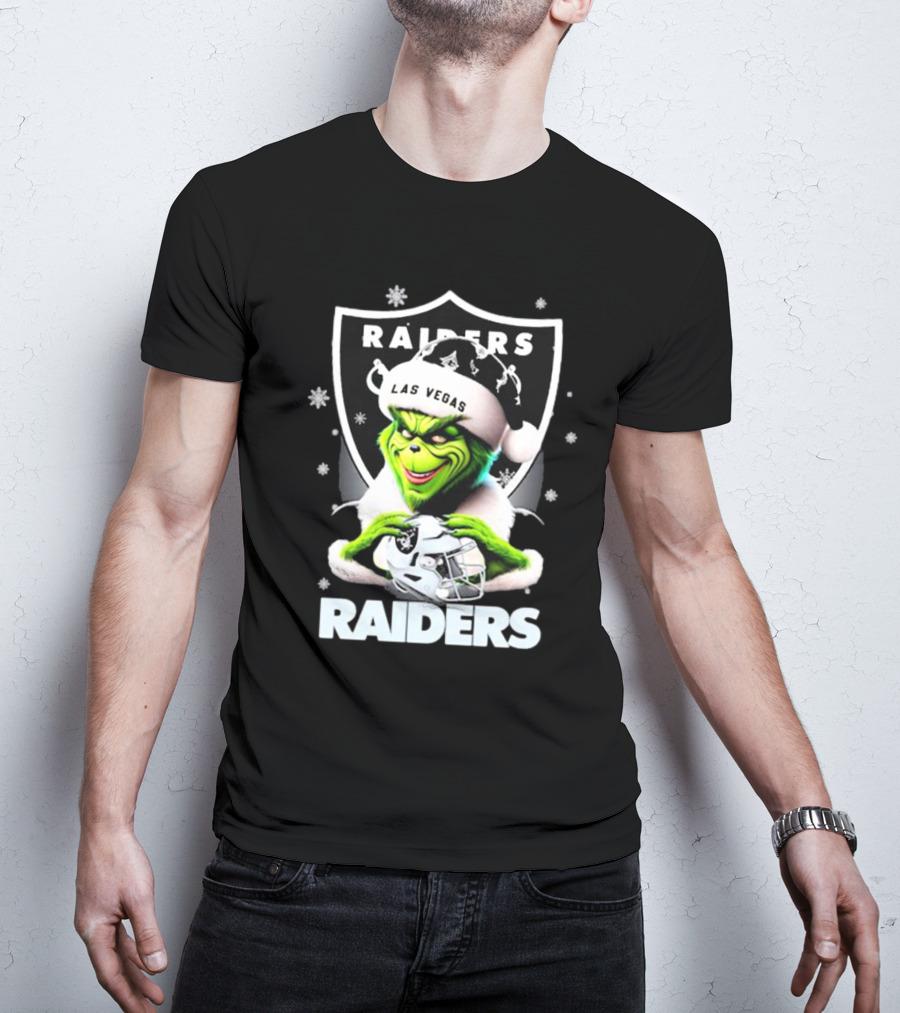 Las Vegas Raiders Grinch Santa Merry Christmas Snowflakes T-Shirt