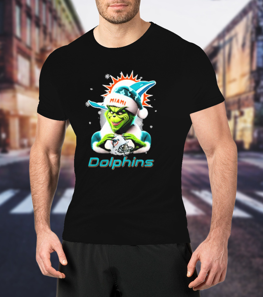 Miami Dolphins Christmas Grinch Santa Hat T-Shirt