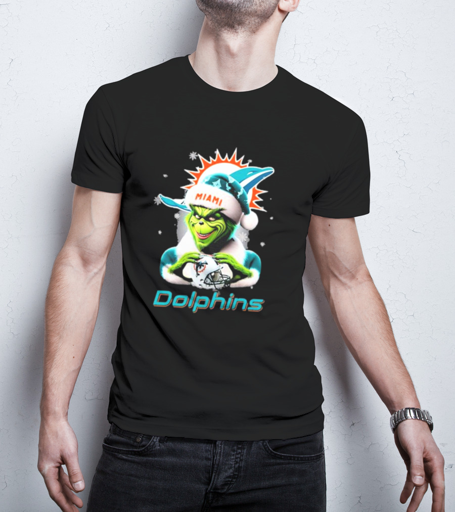 Miami Dolphins Christmas Grinch Santa Hat T-Shirt