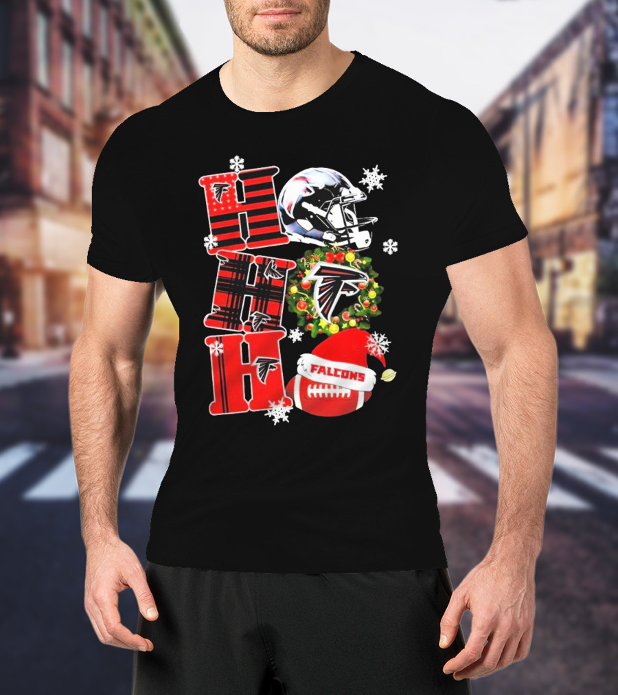 Atlanta Falcons Ho Ho Ho Merry Christmas Helmet Wreath Snowflakes Football Holiday T-Shirt