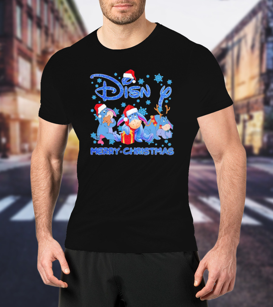 Disney Eeyore Santa Hat Winnie-the-Pooh Merry Christmas Snowflakes T-Shirt