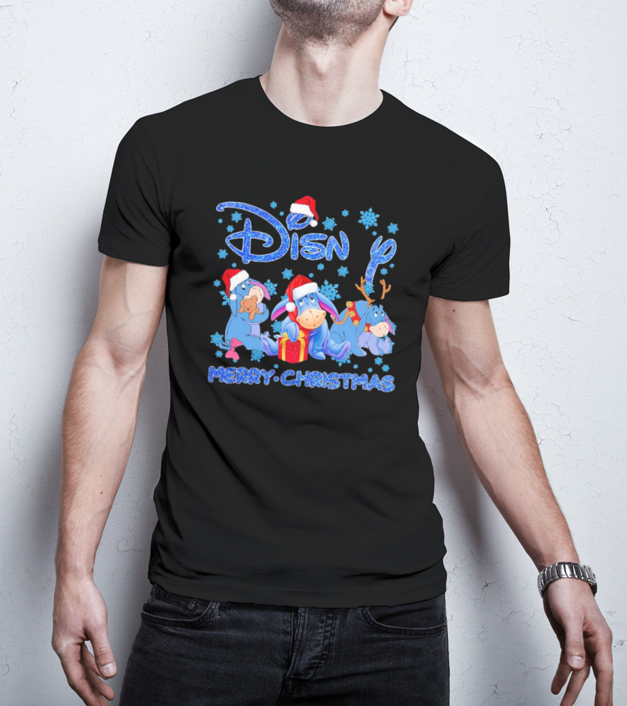 Disney Eeyore Santa Hat Winnie-the-Pooh Merry Christmas Snowflakes T-Shirt