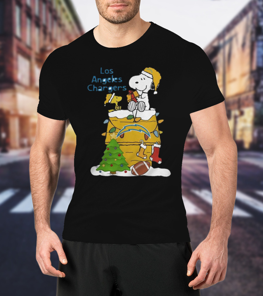 Santa Snoopy Woodstock Los Angeles Chargers Christmas Tree Football Socks T-Shirt