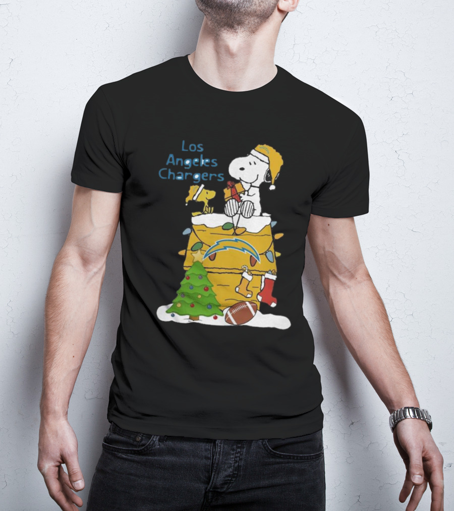 Santa Snoopy Woodstock Los Angeles Chargers Christmas Tree Football Socks T-Shirt