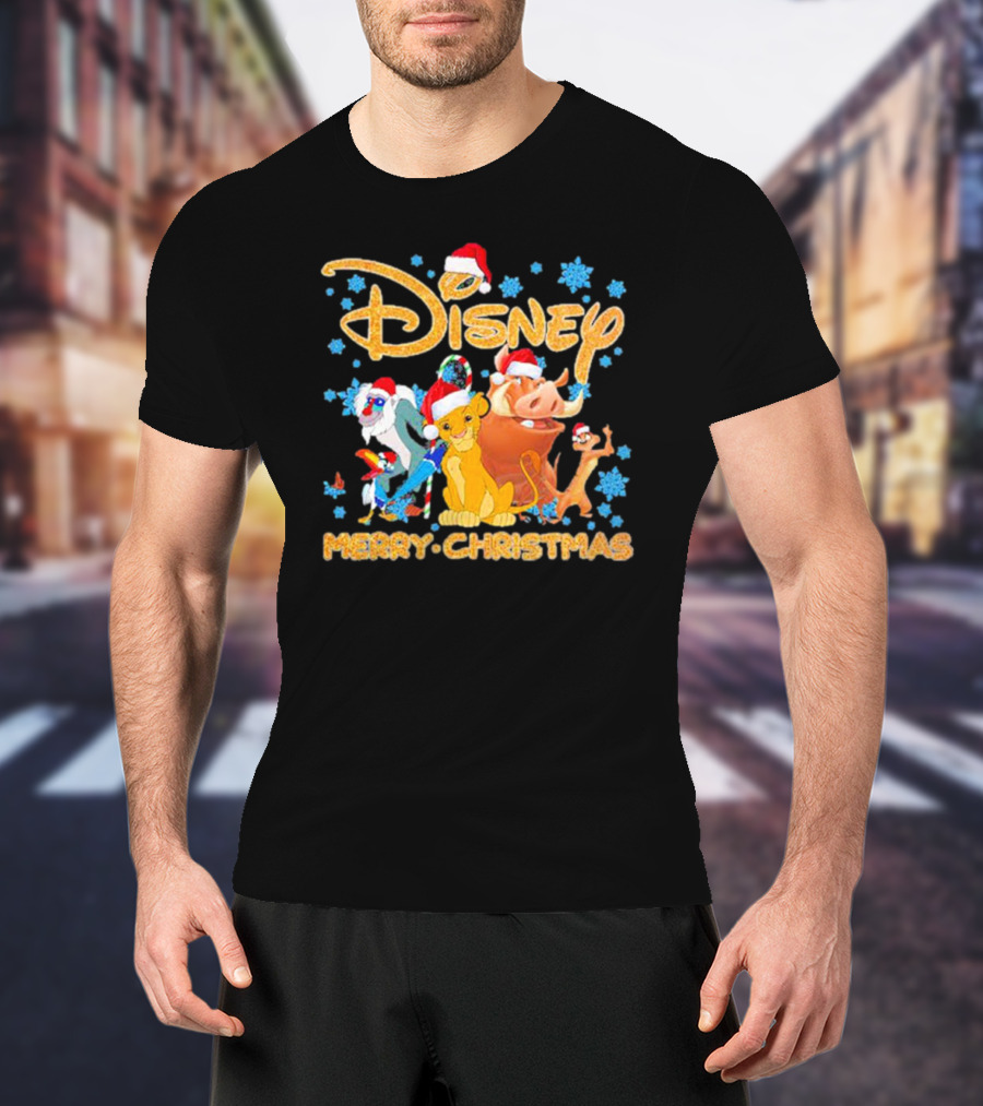 Disney Merry Christmas The Lion King Characters Santa Hats Snowflakes T-Shirt