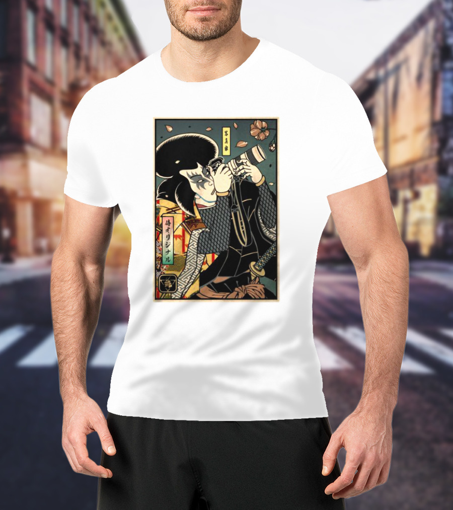Samurai Photographer Ukiyo-e Style With Vintage Floral Elements T-Shirt