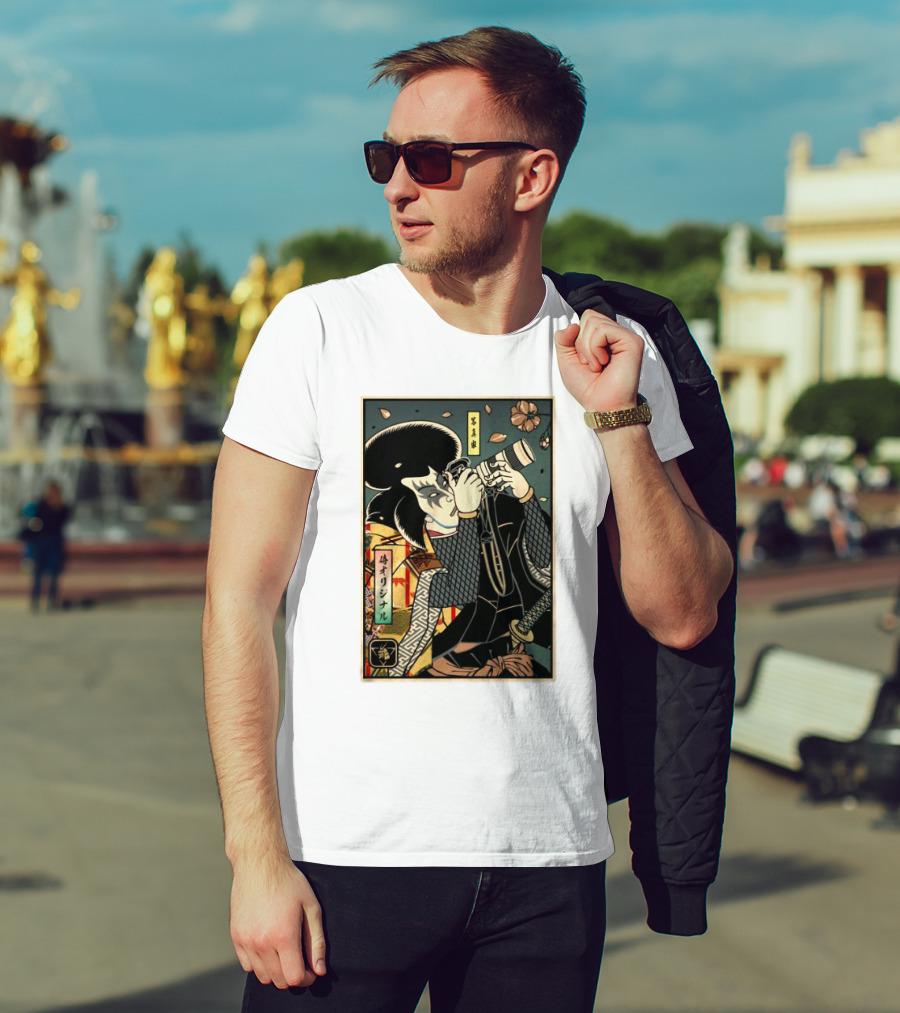 Samurai Photographer Ukiyo-e Style With Vintage Floral Elements T-Shirt