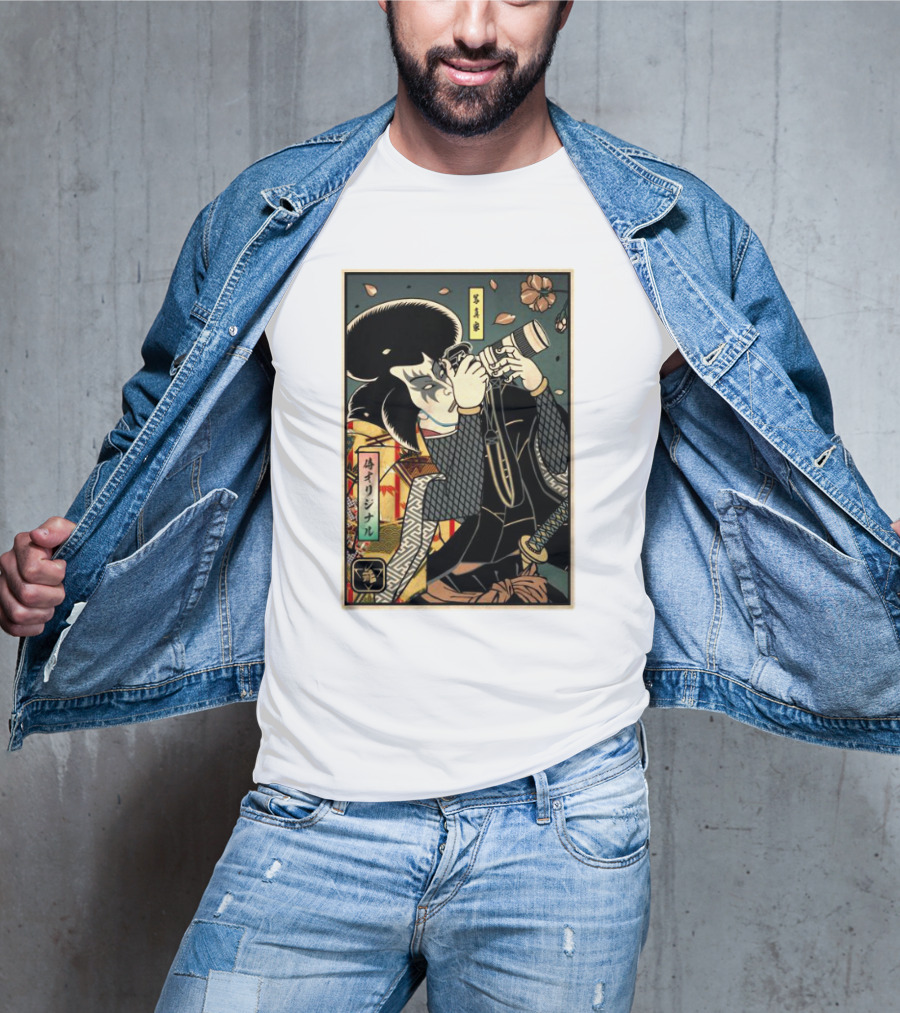 Samurai Photographer Ukiyo-e Style With Vintage Floral Elements T-Shirt
