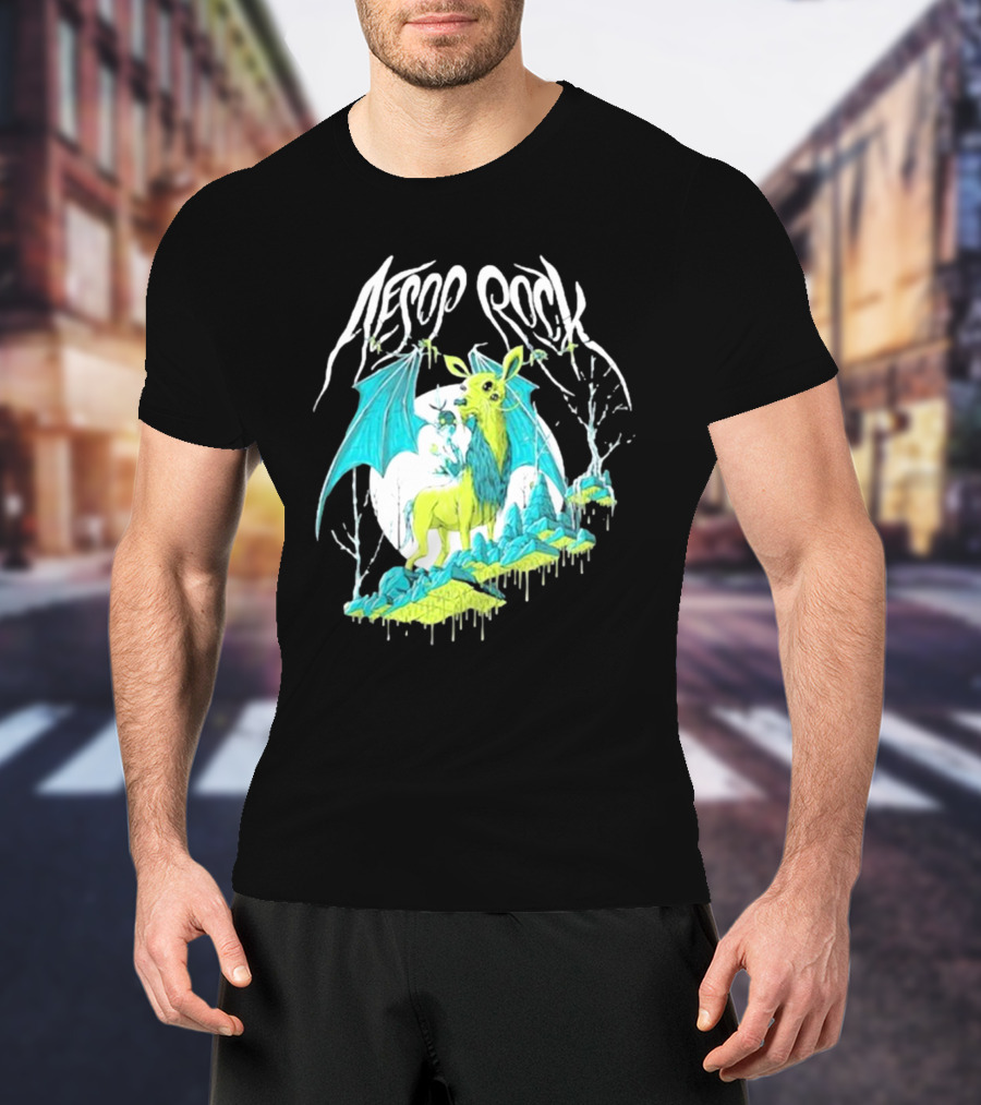 Aesop Rock Mythical Creature With Bat Wings And Moon Background T-Shirt