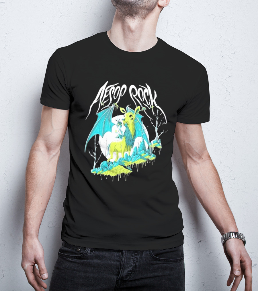 Aesop Rock Mythical Creature With Bat Wings And Moon Background T-Shirt