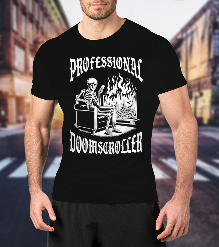 Professional Doomscroller Skeleton By Fireplace T-Shirt