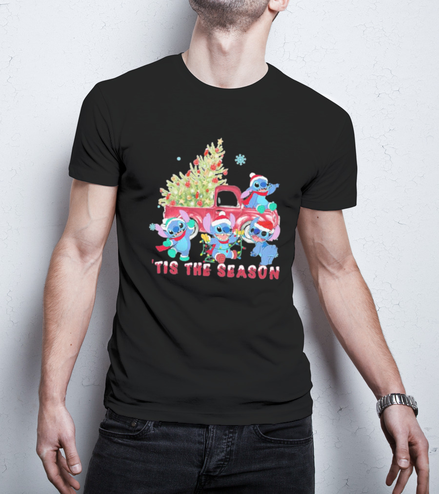 Stitch Tis The Season Christmas Santa Claus With Tree And Truck T-Shirt