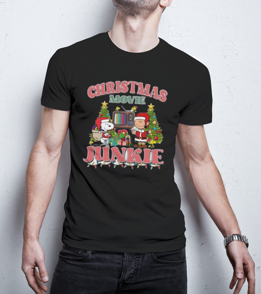 Christmas Movie Junkie Snoopy And Charlie Brown Festive TV Scene T-Shirt