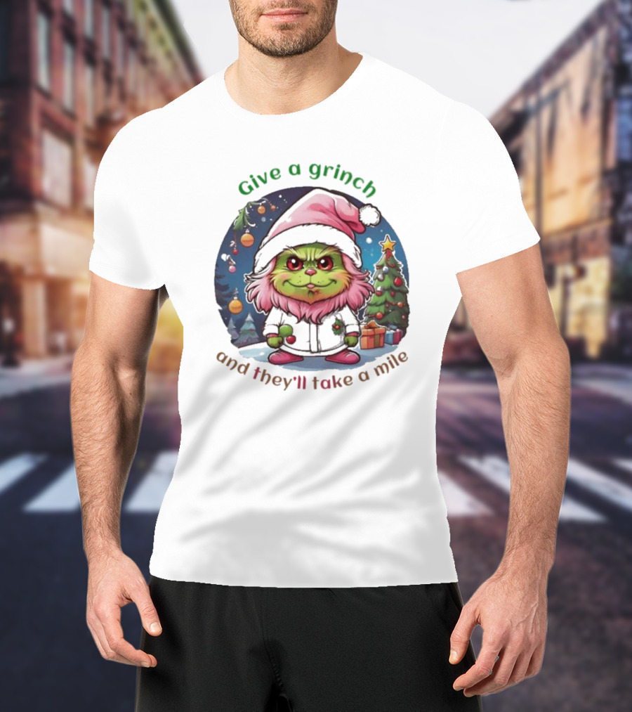 Chibi Pink Grinch Christmas Scene Give A Grinch And They’ll Take A Mile T-Shirt