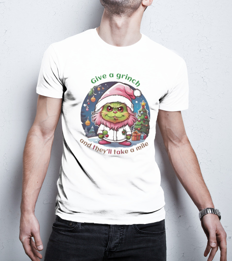 Chibi Pink Grinch Christmas Scene Give A Grinch And They’ll Take A Mile T-Shirt
