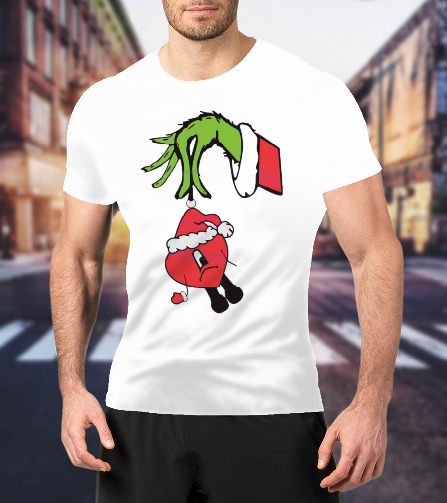 Grinch Hand Holding Santa Hat Bad Bunny Xmas T-Shirt