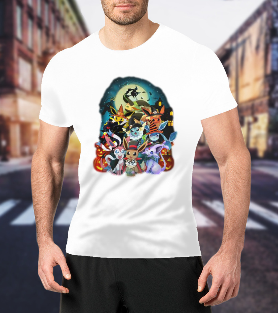 Halloween Eevee All Evolutions With Pumpkins And Witch Hat Moon Scene T-Shirt