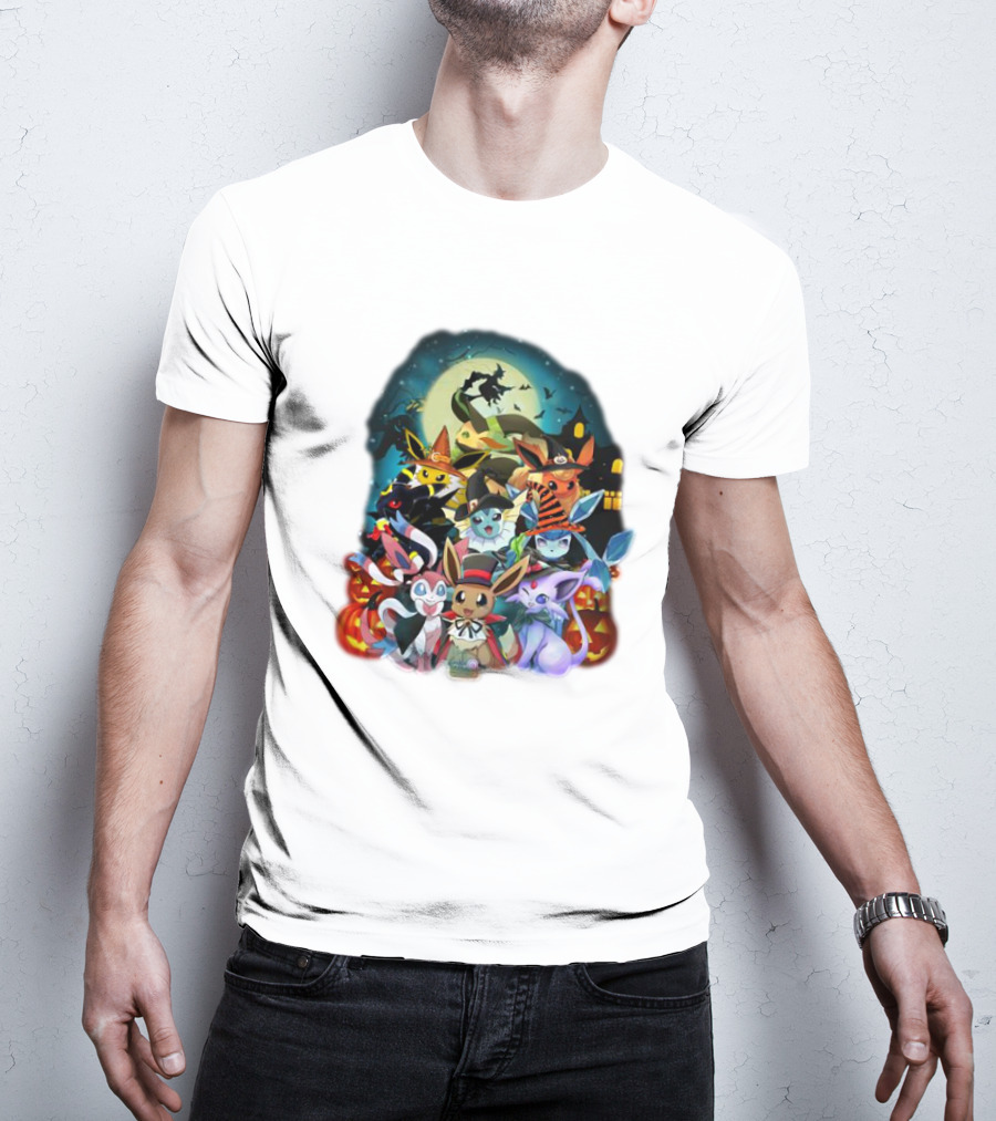 Halloween Eevee All Evolutions With Pumpkins And Witch Hat Moon Scene T-Shirt