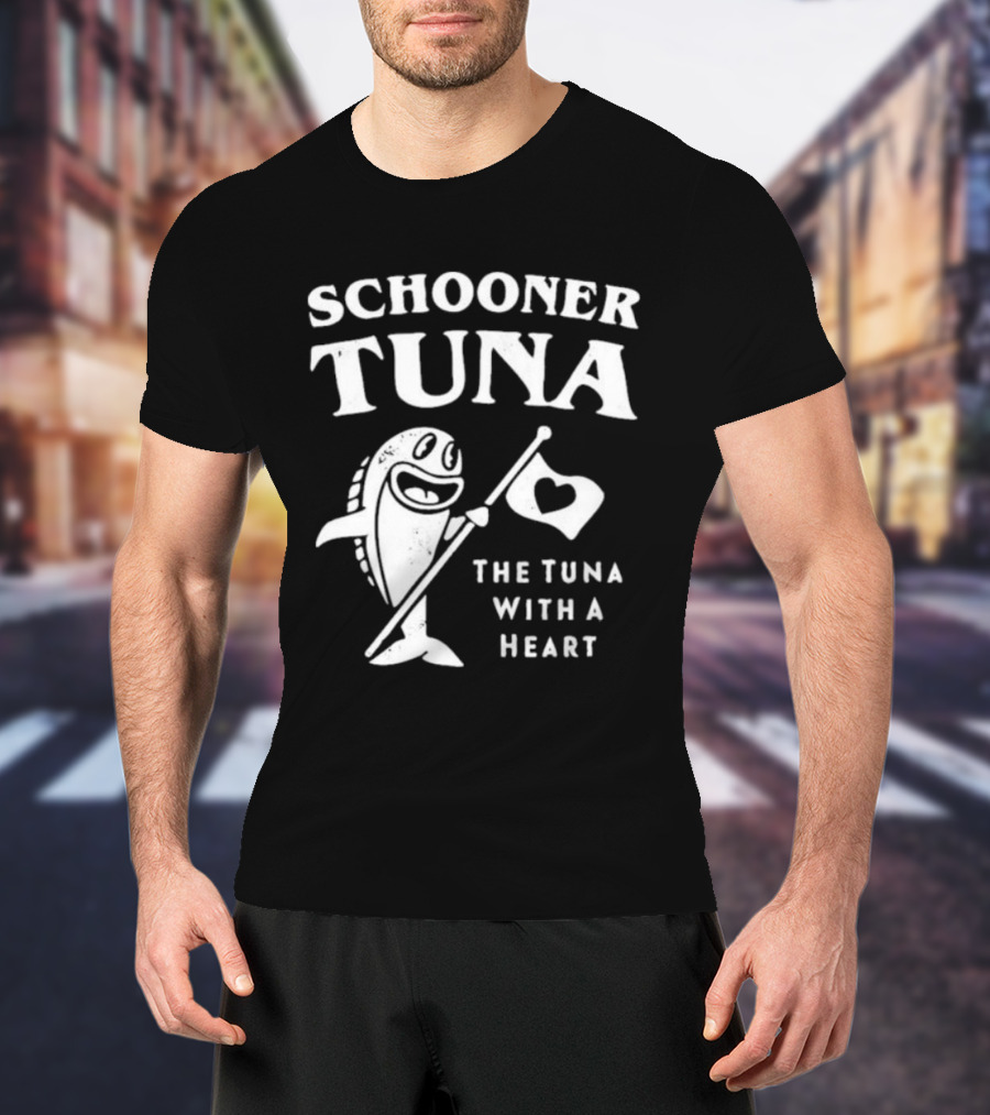 Schooner Tuna The Tuna With A Heart Cheerful Fish Holding Heart Flag T-Shirt