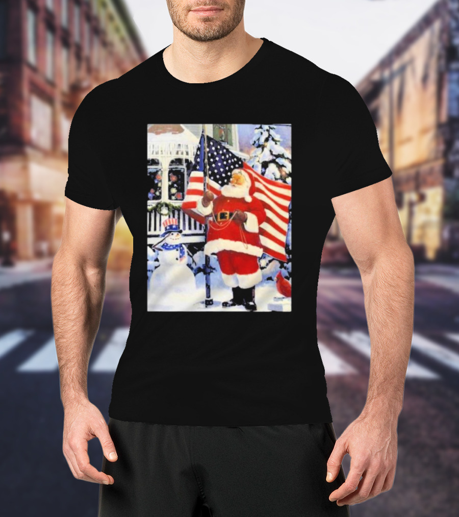 Santa Claus And Snowman With American Flag In Winter Scene T-Shirt