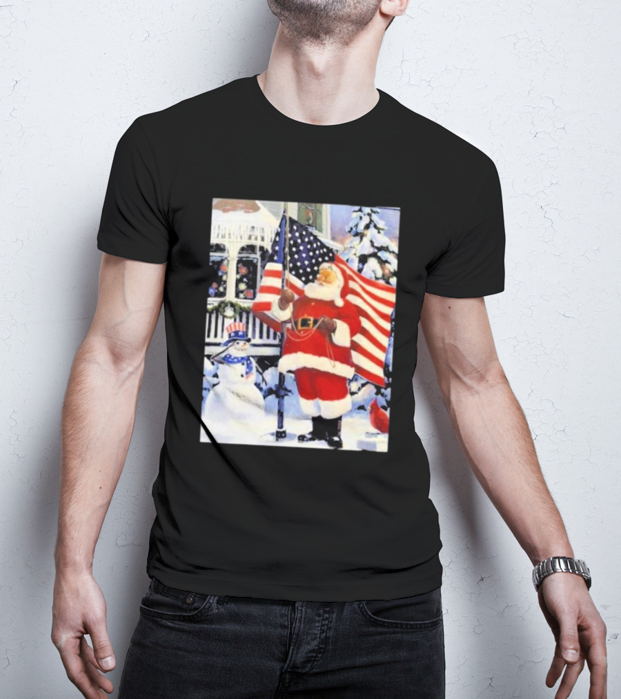 Santa Claus And Snowman With American Flag In Winter Scene T-Shirt