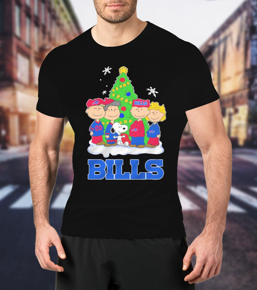 Peanuts Characters With Buffalo Bills Christmas Tree And Snowflakes T-Shirt