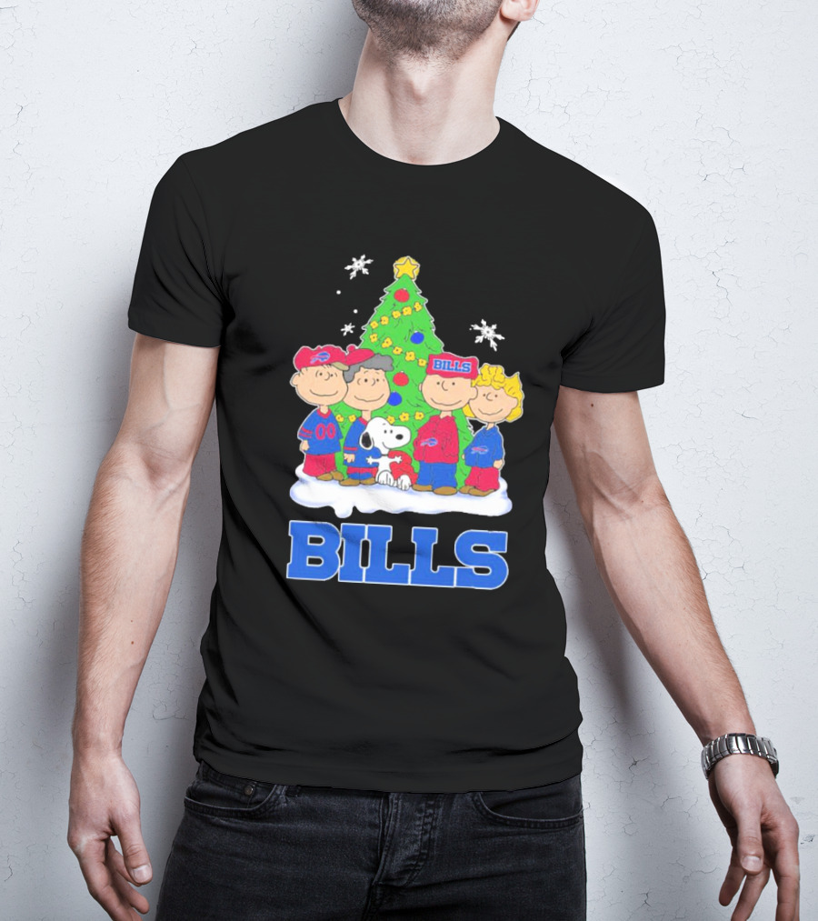 Peanuts Characters With Buffalo Bills Christmas Tree And Snowflakes T-Shirt