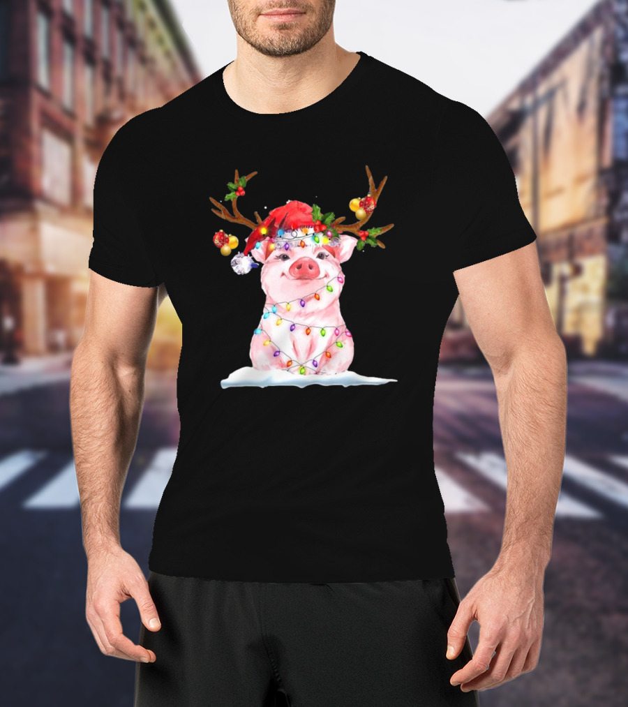 Pig Reindeer Antlers Santa Hat Christmas Lights T-Shirt