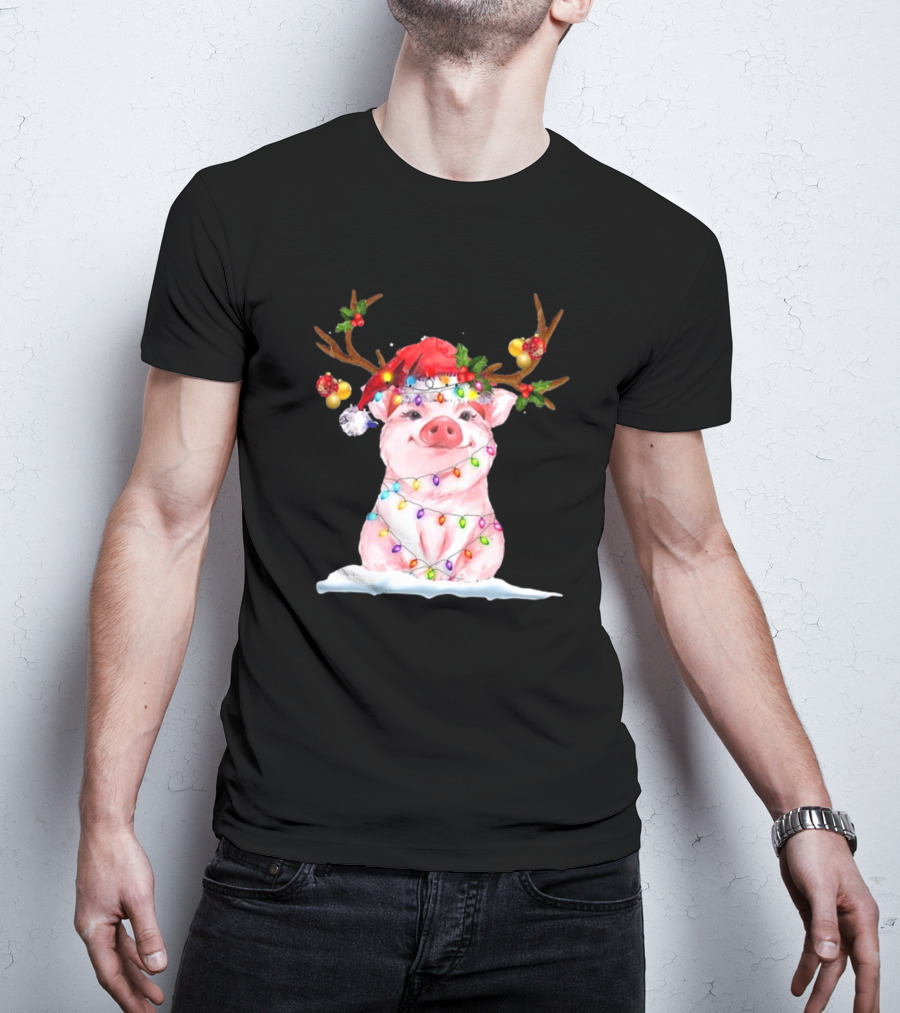 Pig Reindeer Antlers Santa Hat Christmas Lights T-Shirt