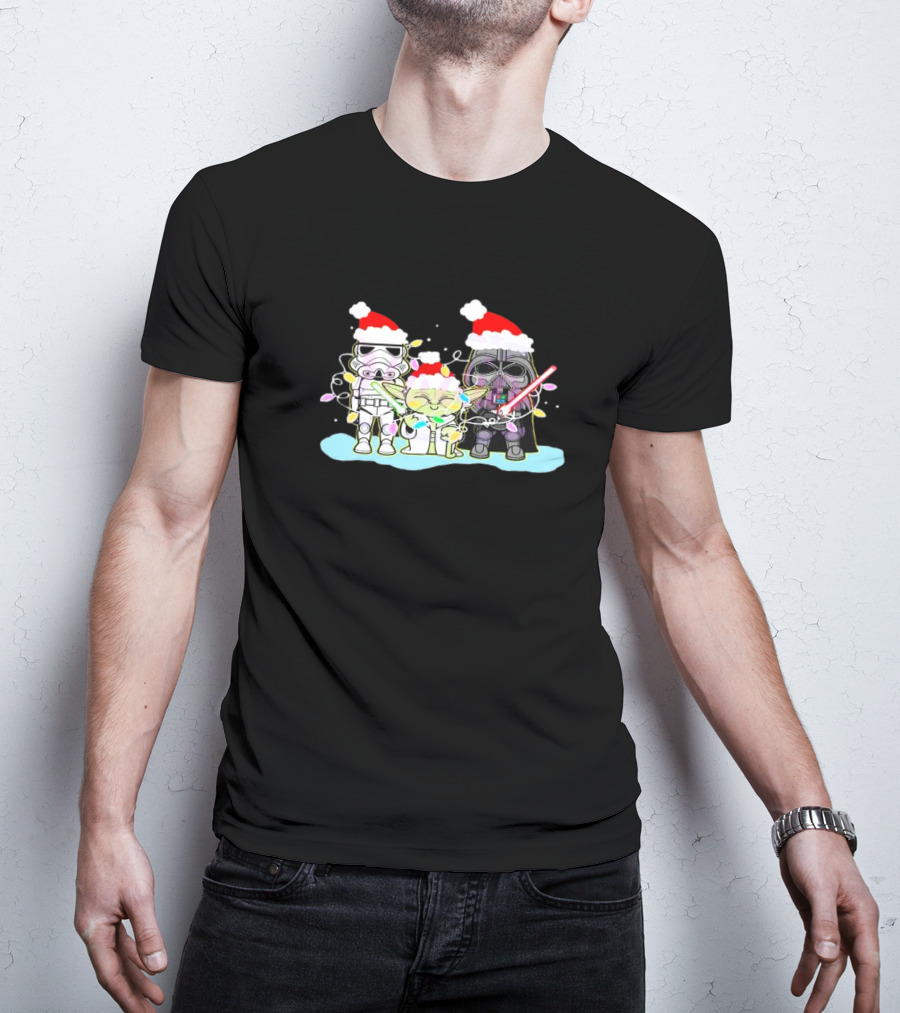 Star Wars Characters Santa Hat Christmas Lights Funny Vibes T-Shirt