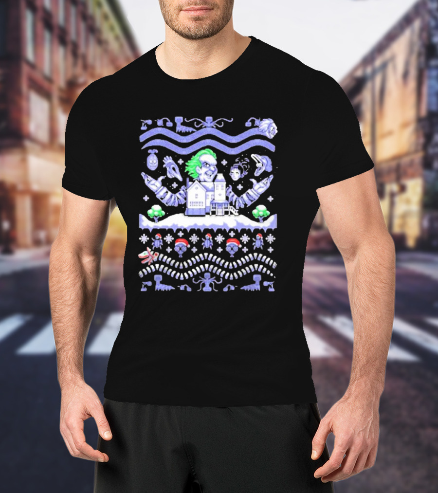Christmas Beetlejuice Snowy House Scene And Ghostly Icons T-Shirt