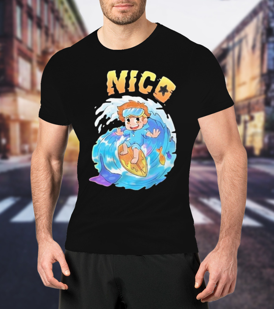 Nico Surfing In Ocean Wave Art With Cash And Nico Nico Starfish T-Shirt