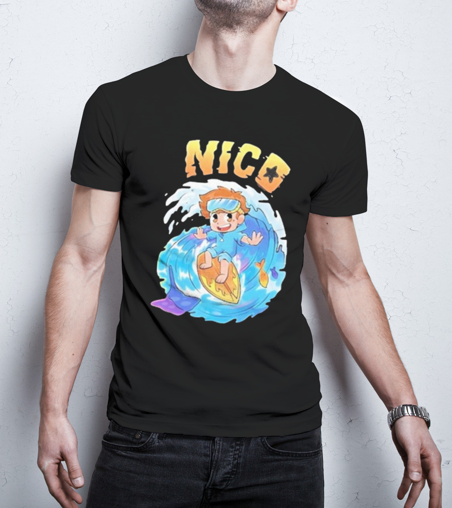 Nico Surfing In Ocean Wave Art With Cash And Nico Nico Starfish T-Shirt