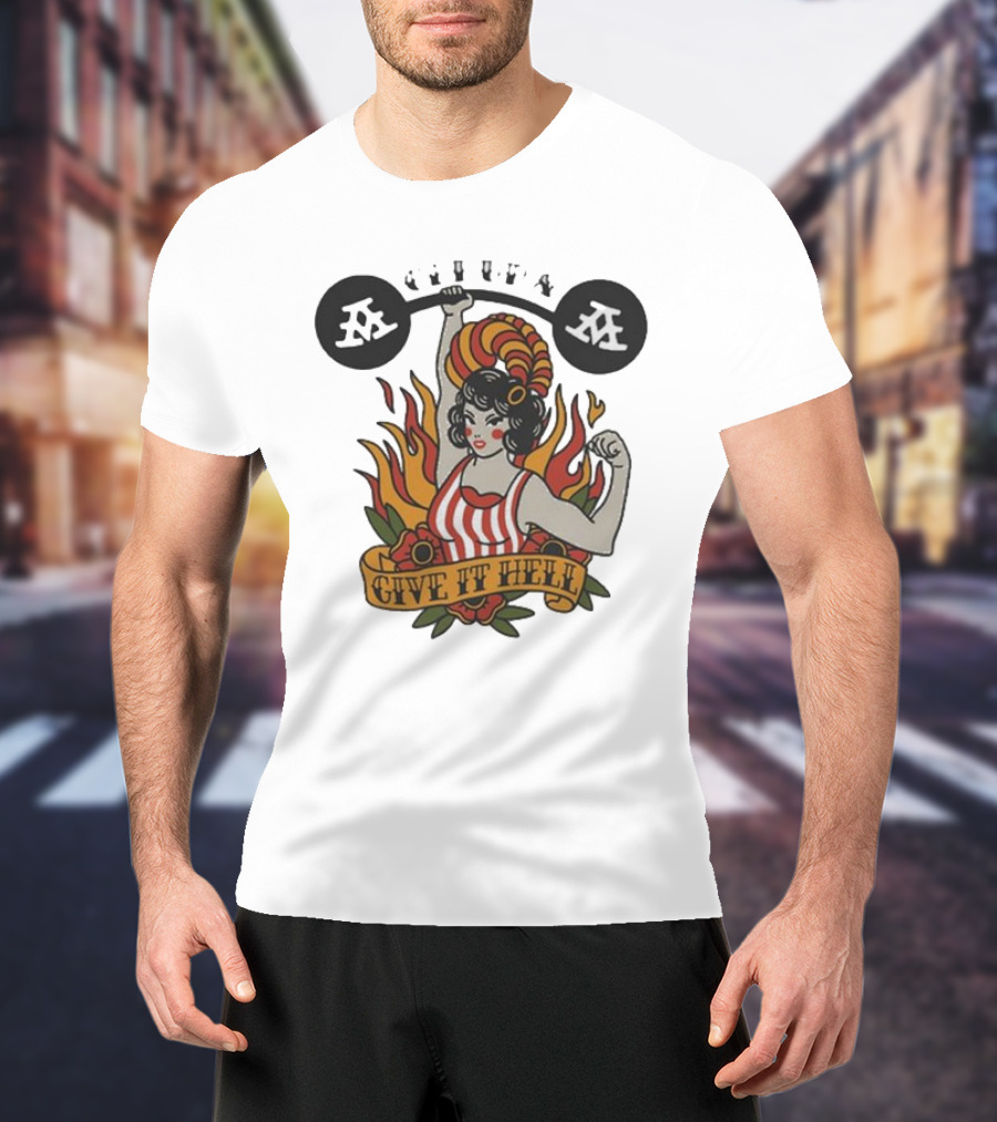 Get Up Give It Hell Retro Strongwoman Flames Barber Pole Haircurl Stripes Roses Boxing Gym Vintage T-Shirt