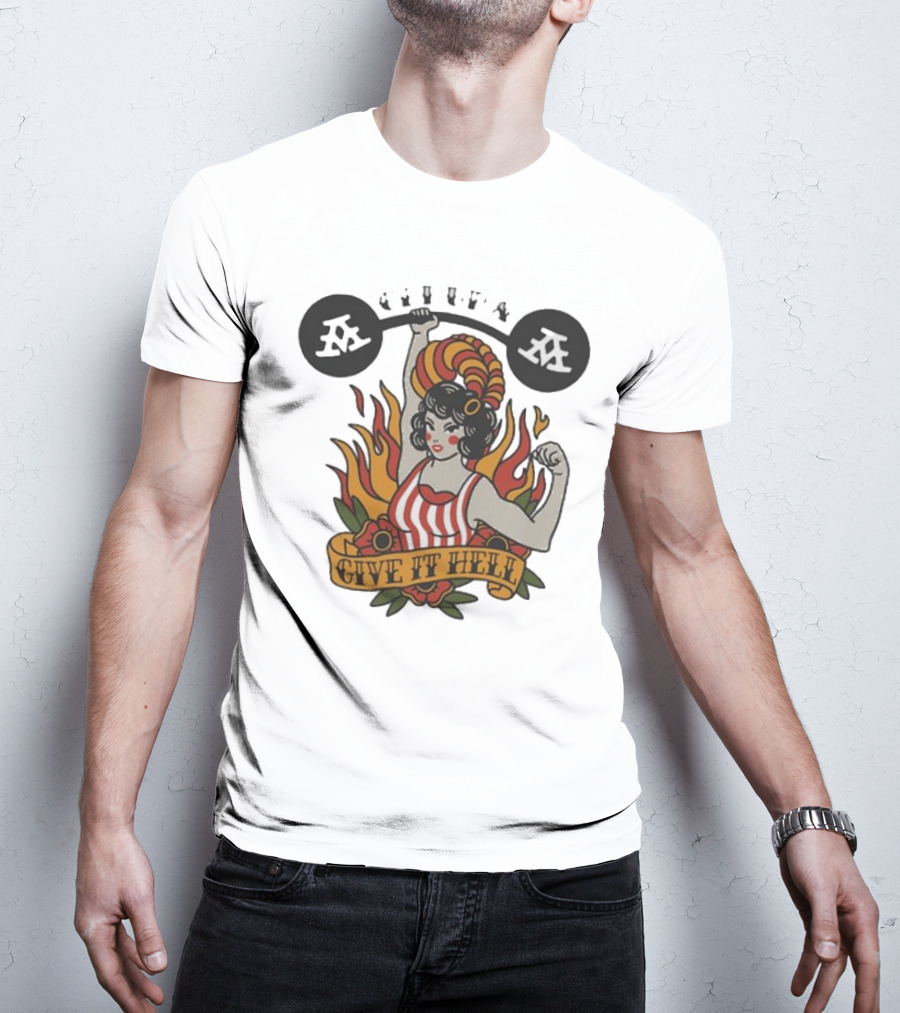 Get Up Give It Hell Retro Strongwoman Flames Barber Pole Haircurl Stripes Roses Boxing Gym Vintage T-Shirt
