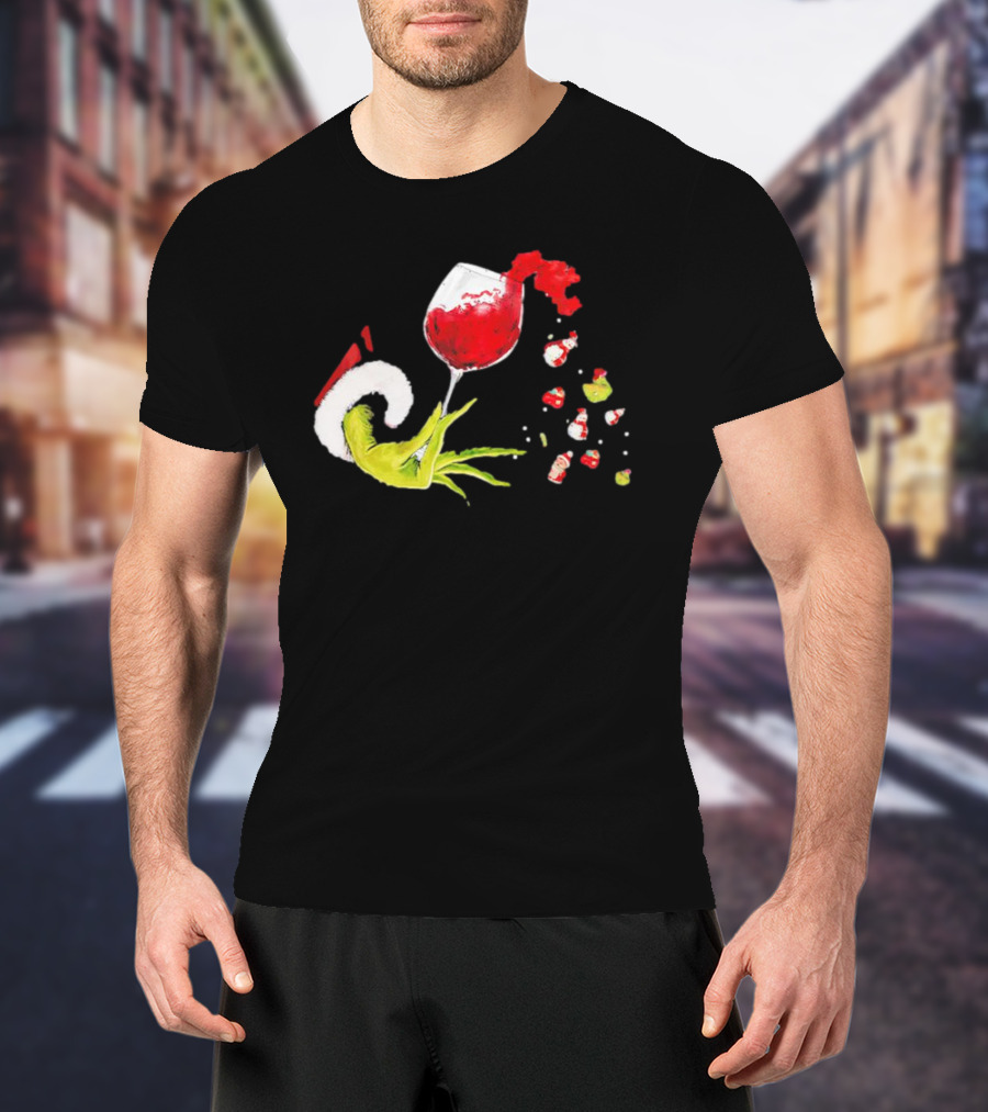 Grinch Hand Christmas Wine Glass Festive Holiday T-Shirt