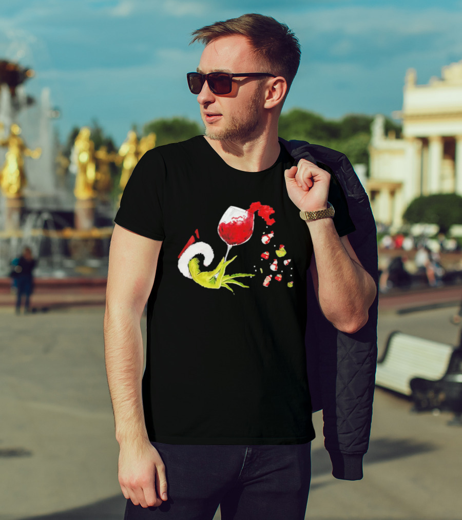 Grinch Hand Christmas Wine Glass Festive Holiday T-Shirt