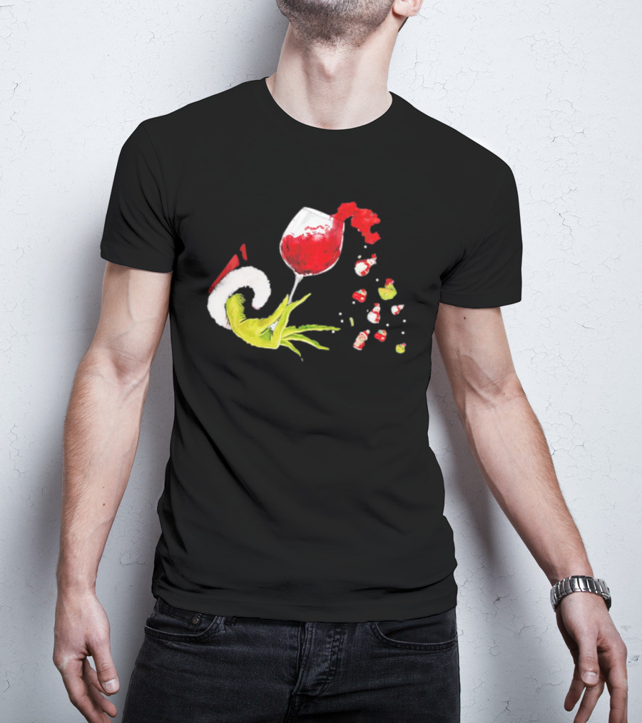Grinch Hand Christmas Wine Glass Festive Holiday T-Shirt