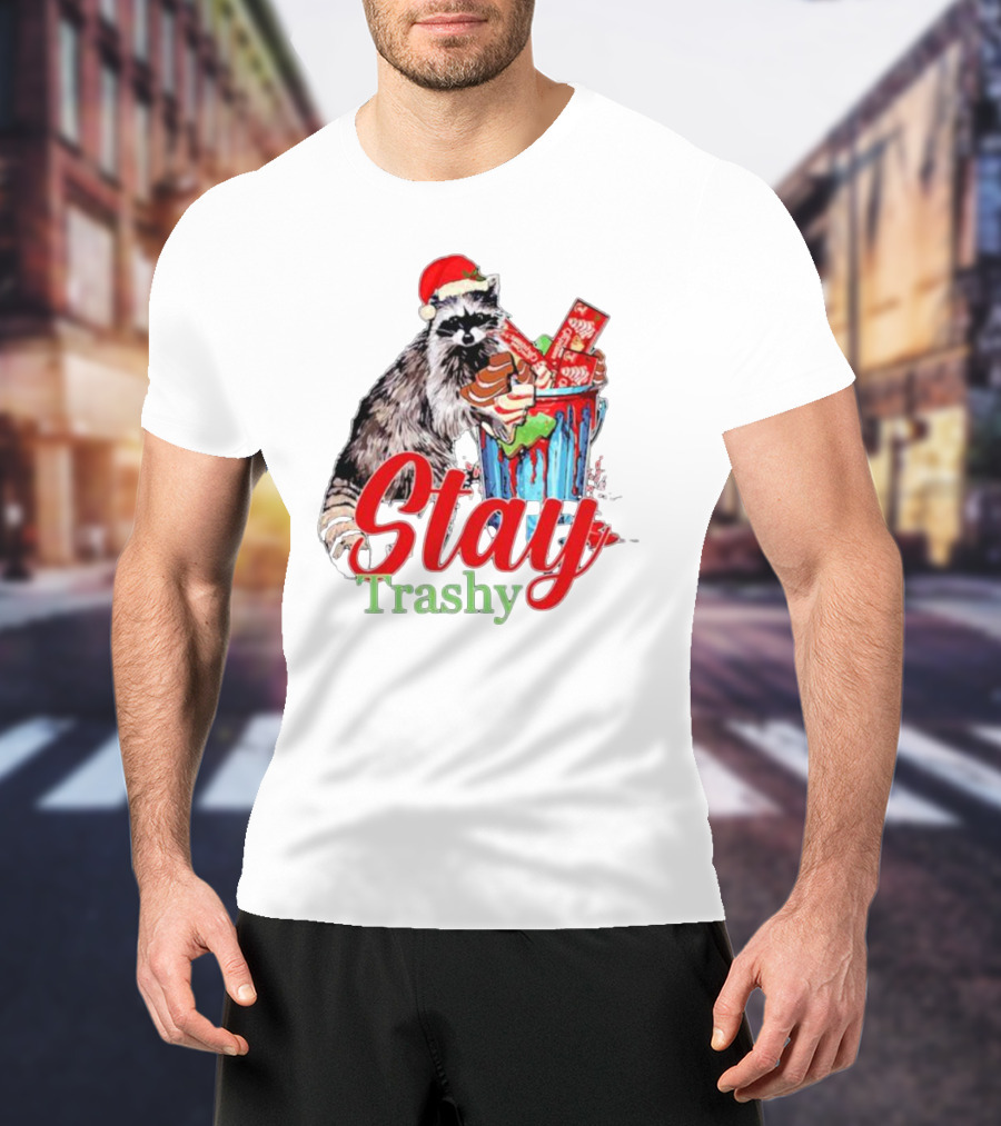 Stay Trashy Christmas Raccoon Xmas Lover With Santa Hat T-Shirt