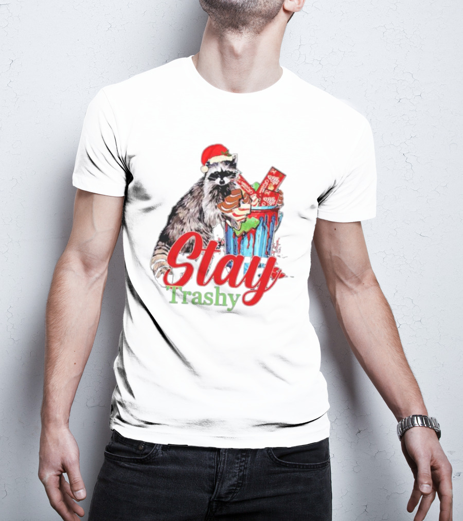 Stay Trashy Christmas Raccoon Xmas Lover With Santa Hat T-Shirt
