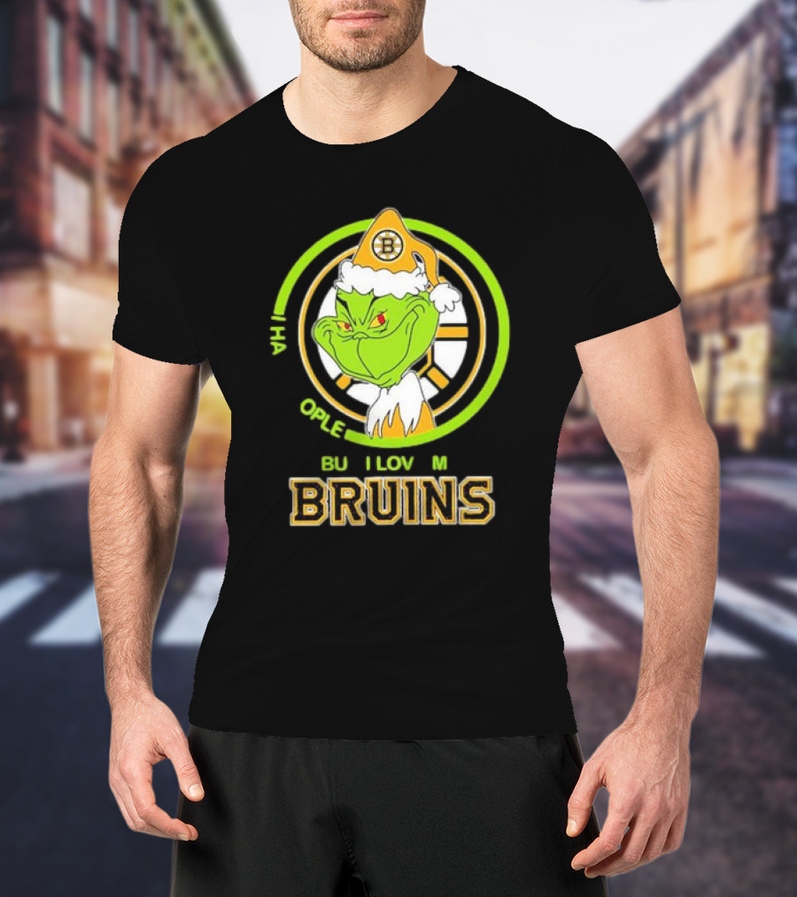 The Grinch Santa Boston Bruins I Hate People But Love My Hockey Team T-Shirt