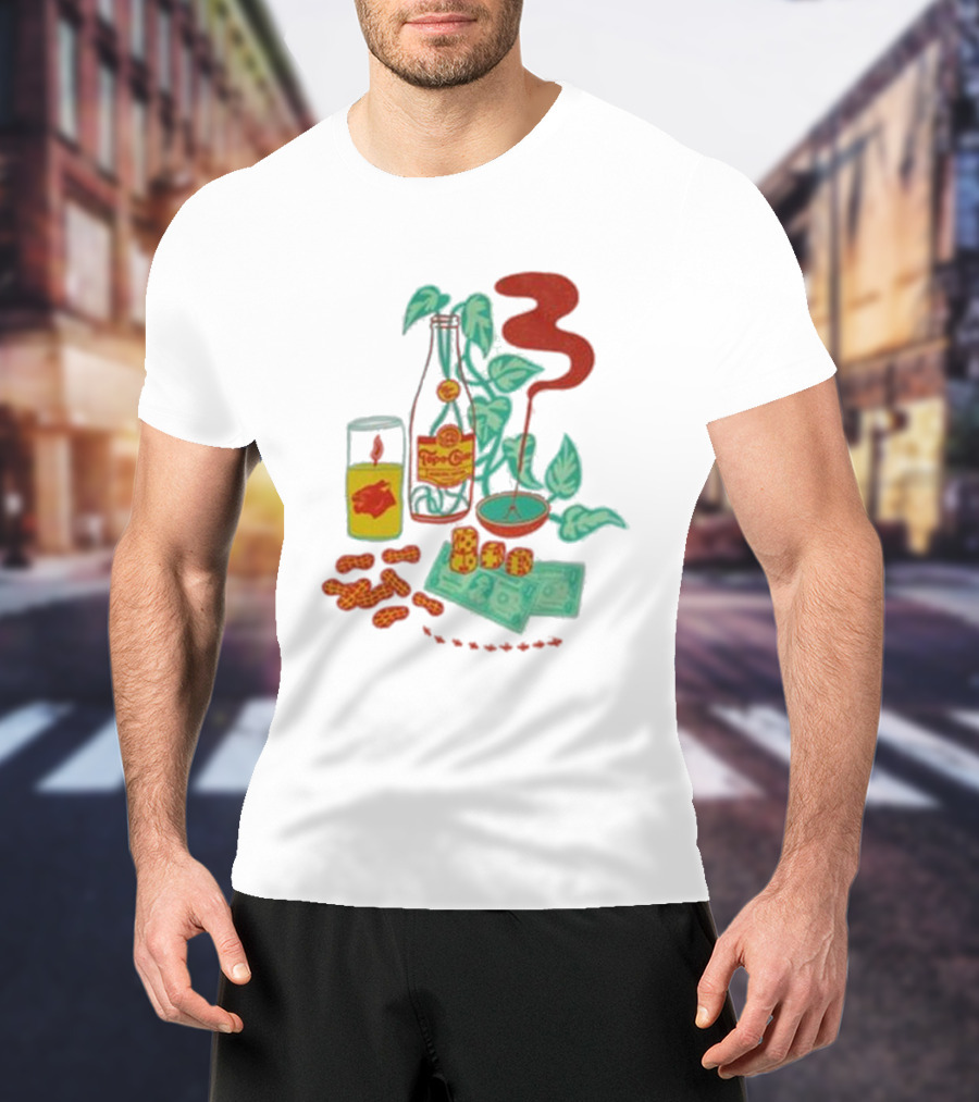 Quarenscene Natural Topo Chico Bottle With Dice, Peanuts, Dollar Bills, Glass, And Smoking Pipe Scene T-Shirt