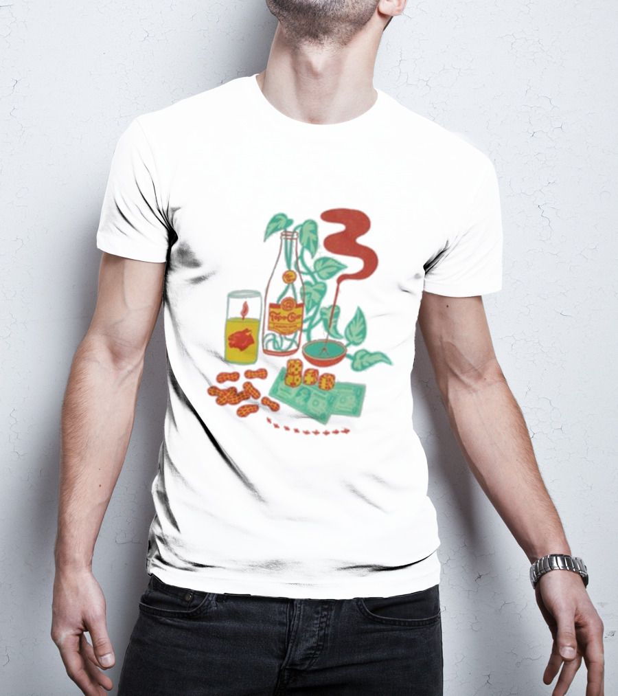 Quarenscene Natural Topo Chico Bottle With Dice, Peanuts, Dollar Bills, Glass, And Smoking Pipe Scene T-Shirt