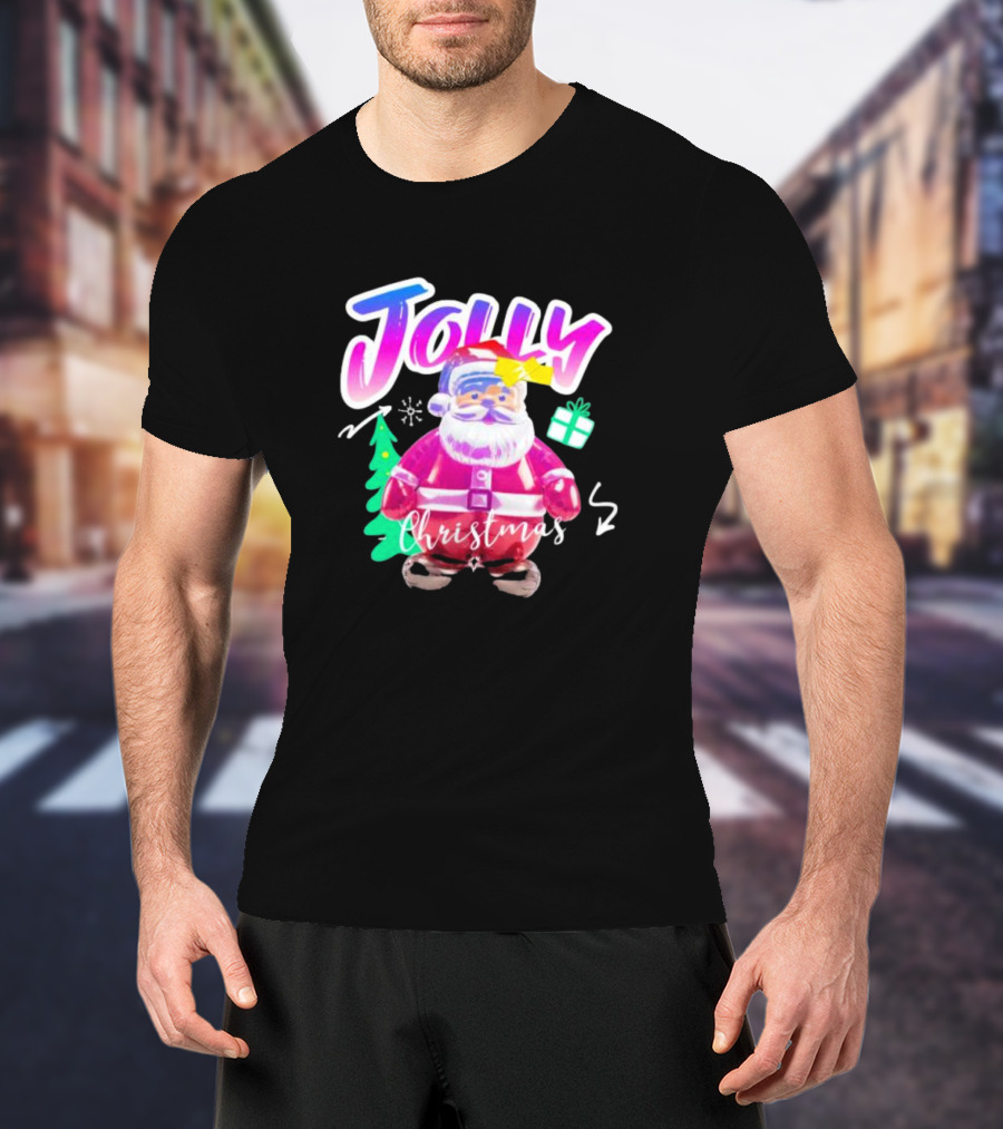 Jolly Merry Christmas Santa Balloon With Gift And Christmas Tree T-Shirt