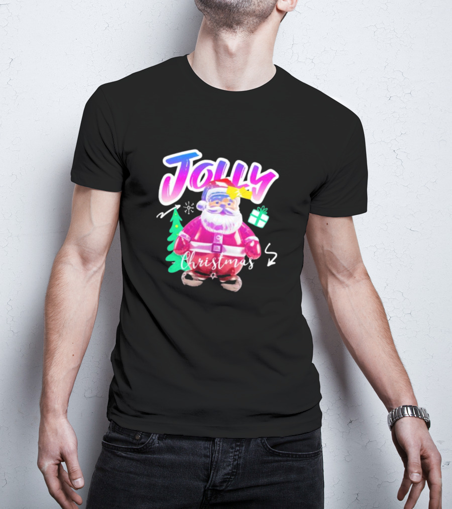 Jolly Merry Christmas Santa Balloon With Gift And Christmas Tree T-Shirt