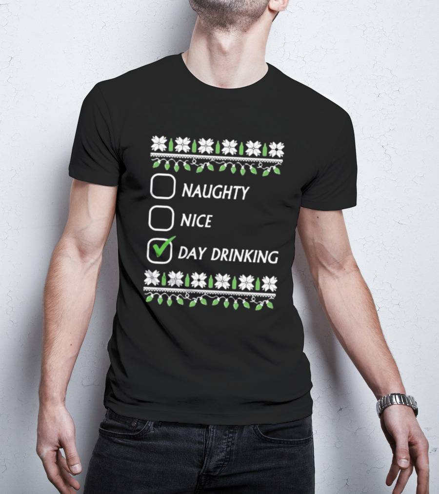 Naughty Nice Day Drinking Christmas Floral Checklist T-Shirt