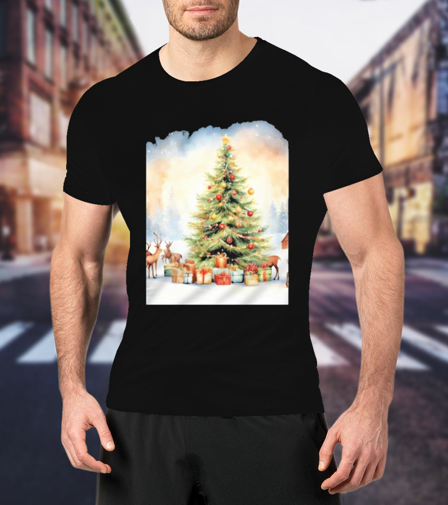 Watercolor Christmas Tree With Reindeer And Presents Scene T-Shirt