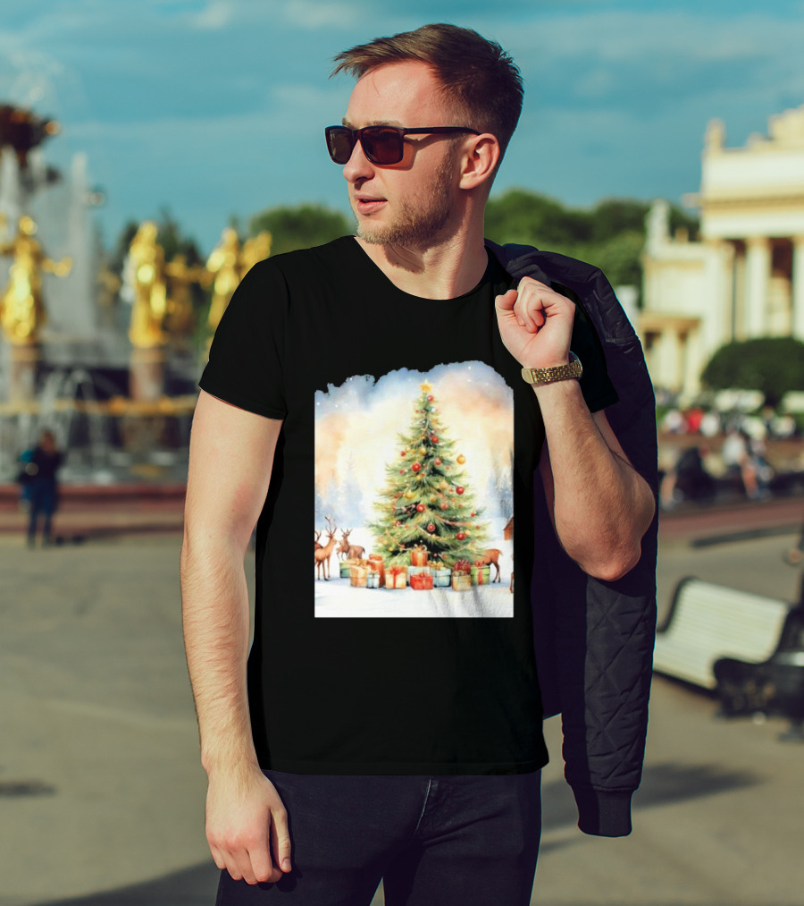 Watercolor Christmas Tree With Reindeer And Presents Scene T-Shirt