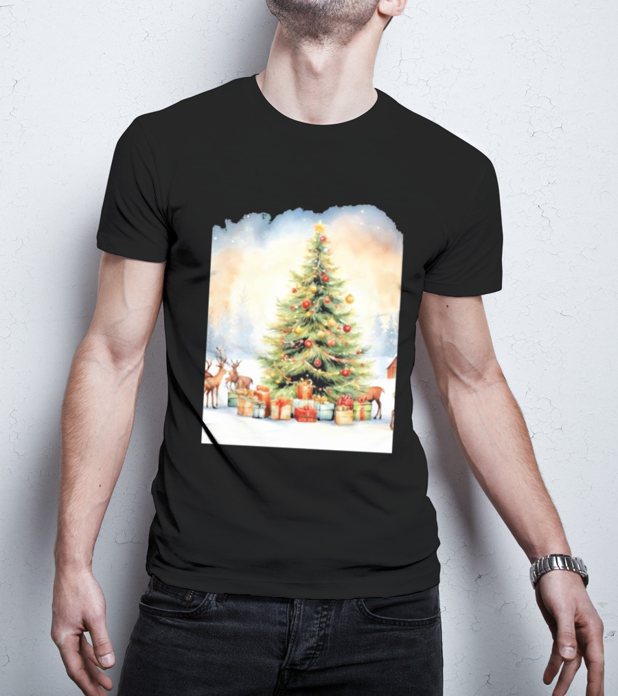 Watercolor Christmas Tree With Reindeer And Presents Scene T-Shirt